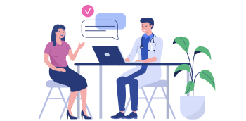 Illustration d'une consultation entre un médecin et une femme autour d'un bureau