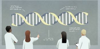 illustration de quatre médecins qui analysent des gènes
