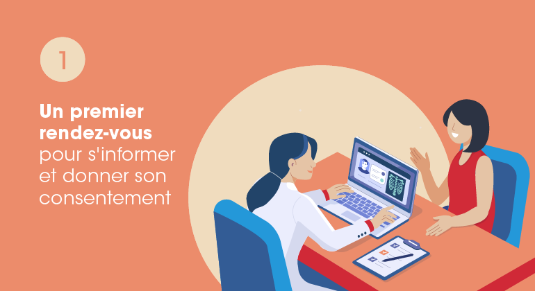 Illustration d'un premier rendez vous entre un médecin et une femme pour s'informer et donner son consentement sur le don