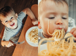 Montage d'un enfant Instagram vs réalité (à gauche l'enfant est sage et mange ses pâtes, à droite il en met de partout)
